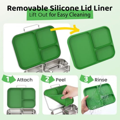 Pawtong Stainless Steel Bento Box for Kids and Adults, 3 Compartment Leakproof Lunch Box with Removable Silicone Seal and Silicone Contianer, Metal Lunch Container for School, Work and Travel (Green) - color: Green