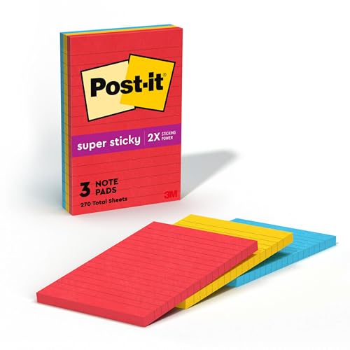 Post-it Super Sticky Notes, Assorted Sizes, 13 Pads, 2X the Sticking Power, Playful Primaries, Primary Colors (Red, Yellow, Green, Blue, Purple), Recyclable (4623-13SSAU) | School Supplies and Oﬃce Supplies, 2X the Sticking Power - size: 3 Pads