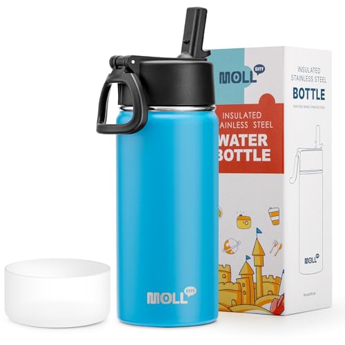 Kids Water Bottle-16 oz Stainless Steel Double Wall Vacuum Insulated Wide Mouth Water Bottle with Straw-Metal Travel Water Flask for School Boy and Girl (Sky Blue) - color: Sky Blue, size: 16 Ounces