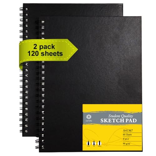 CONDA 9"x12" Sketch Book Set, 2 Pack, 120 Sheets, Spiral Bound Marker Pad, Durable Acid Free Sketchbook Mixed Media for Beginner Kids Adults Artists - color: Black, size: 9"x12" 2 Pack