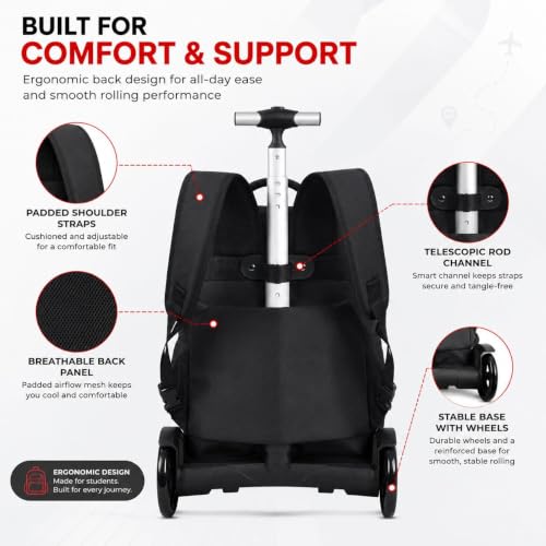 CCJPX 3Pcs Men & Boys Rolling Backpack with Bigger Wheels, Extra-Large Wheeled Bookbag with Lunch Box, Water Resistant Extra-Large Roller Luggage for Travel, Work, College (Black) - color: Black(upgrade Large Wheel)