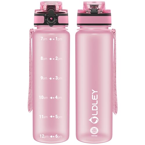 OLDLEY 32 oz Water Bottle, Motivational Water Bottle with Time Marker, Sports Water Bottle With Strap, Leakproof & BPA Free Large Water Bottles for School, Gym, Travel, Outdoor, Tritan,Pink - color: Pink, size: 32 Ounces