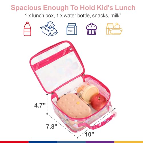 Bagseri Clear Kids Lunch Bag - School Snack Bag with Bottle Holder | Side Pocket, Buckle Handle, Wide Opening, PEVA Lining, School Kids Lunch Box, Clear Toy Bags, Pink Butterfly - color: B-rose pink butterfly