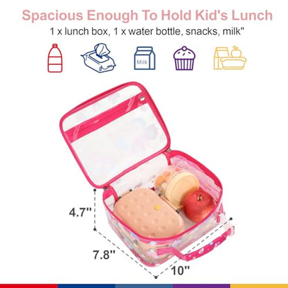 Bagseri Clear Kids Lunch Bag - School Snack Bag with Bottle Holder | Side Pocket, Buckle Handle, Wide Opening, PEVA Lining, School Kids Lunch Box, Clear Toy Bags, Pink Butterfly - color: B-rose pink butterfly
