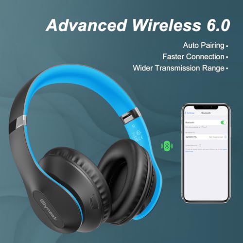 Wireless Bluetooth Headphones Over Ear 65H Playtime HiFi Stereo Headset with Microphone and 6EQ Modes Foldable Bluetooth V6.0 Headphones for Travel Smartphone Computer Laptop - color: Blue