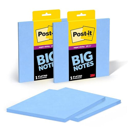 Post-it Super Sticky Big Notes, 8 in. x 8 in., Extra Large Sticky Notes Washed Denim, 2 Pads, 60 Sheets Total, Great for Vision Boards, Creative Projects, Study Spaces, Group Brainstorming, and More - color: Washed Denim