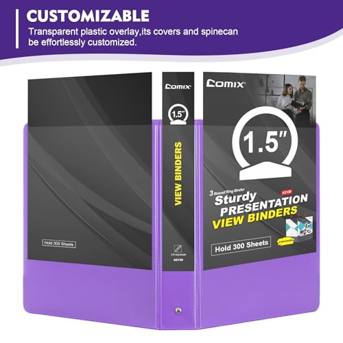 COMIX 3 Ring Binder 1.5 inch with Clear View Cover, 1.5" View Binder Holds 300 Sheets of US Letter Size Paper, 6 Pack (Purple) - color: Purple, size: 1.5 inch, style: 6-Pack