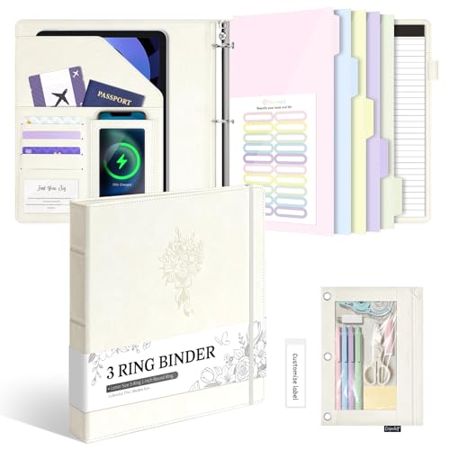 Ospelelf Leather 3 Ring Binder for Letter Size Documents with PVC Pocketed Dividers, Pencil Pouch & Notepad, 1 Inch Round Rings, Holds 175 Sheets, for Office School Home Organization, Flower White - color: Flower White