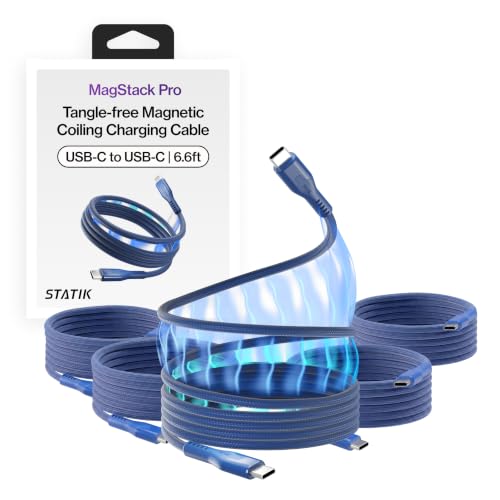 Statik MagStack Pro USB C to USB C Coiling Magnetic Charging Cable,100W | Nylon Braided Tangle-Free Design, Magnetic Coiling, Data Transfer, Compatible with iPhone & Android, 6FT Navy, 5 Pack - color: Navy, size: 6ft (5 Pack), style: USB-C to USB-C