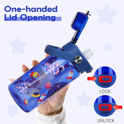 20oz Kids Water Bottle For School or Travel, Leak-Proof & Dishwasher, Durable Plastic Sport Water Bottle With Straw and Handle, Astronaut - color: Blue astronaut