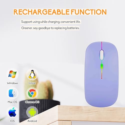 LED Wireless Mouse, Slim Silent Dual-Mode 2.4G+BT Rechargable 7-Color Portable Mobile Optical Office Mouse with USB Receiver, 3 Adjustable DPI Levels for Notebook, PC, Computer, MacBook (Purple) - color: Purple