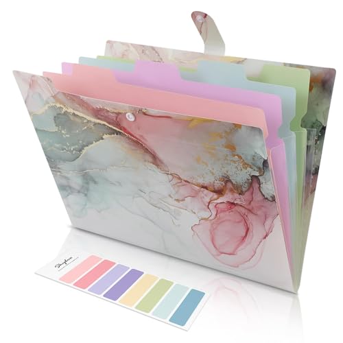 SKYDUE 5 Pockets Expanding File Folder, File Folders, Cute Accordion File Organizer with Labels (1 Pack, Green) - color: Marble Green