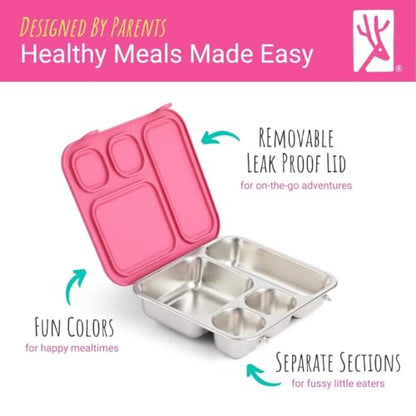 Elk and Friends Kids Stainless Steel Bento Box with Silicone Lid | Leak-proof | Toddler Lunch Container | 4 Compartments | Dishwasher Safe - color: Pink