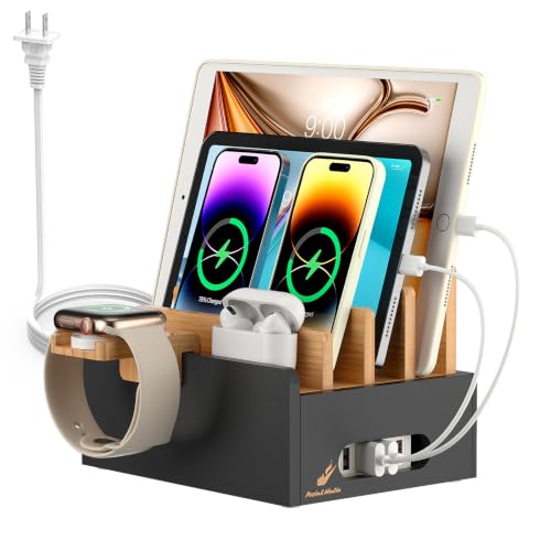 Pezin & Hulin Bamboo Charging Station for Multiple Devices with 5 Port USB Charger,5Cables,Smart Watch&Earbuds Stand, Desk Docking Stations Electronic Organizer for Cell Phone,Tablet (Natural + Black) - color: Natural + Black(With Charger)