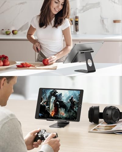 OMOTON T1 Adjustable Tablet Stand for Desk, Aluminum Holder for iPad Black | Solid Metal Build | Charging Cutout | Anti-Slip Silicone Pads | Multi-Angle Adjustable | Fits 3.5-12.9" | Holds Thick Cases - color: Black