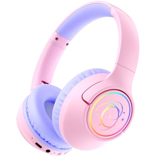 Kids Bluetooth Headphones, 85H Playtime Wireless Headphones for Kids, Colorful LED Lights, 85/94dB Safe Volume Limit, Bluetooth 5.4 Built-in Mic Toddler Headset for Tablet/Airplane/Travel (Pink) - color: Pink