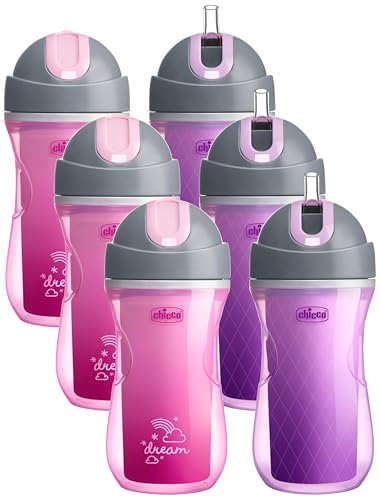 Chicco Insulated Straw Sippy Cup 12+ Months, 9oz Toddler Training Cup with Spill-Free Flip-Top Lid, BPA-Free, Dream Pink/Purple, 2 Count (Pack of 3) - color: Dream Pink/Purple, size: 9 Ounces (Pack of 3)