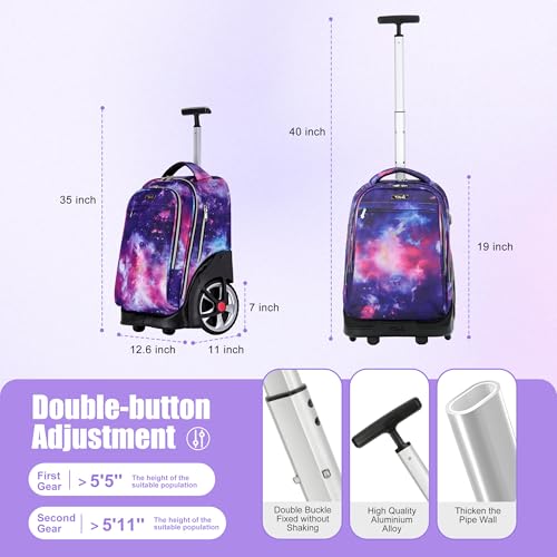 NEW TILAMI 19 inch Rolling Backpack Teens Rolling Backpack Cute Wheeled Laptop Backpack Bookbag Roller Travel Bag College, Starry Purple - color: Purple Starry