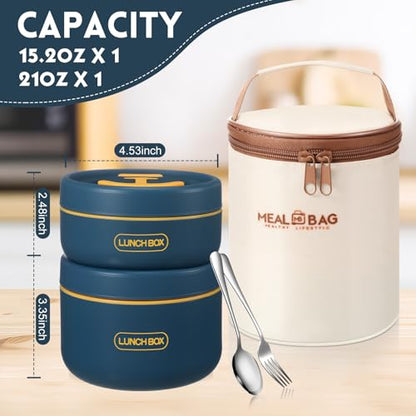 Dandat 2 Pcs Portable Insulated Lunch Containers Thermal Bento Box with Bag Fork Knife Stainless Steel Lunch Box 15.2 oz 21 oz Separate Stackable Food Jar for Adult Men Women(Navy Blue) - color: Navy Blue