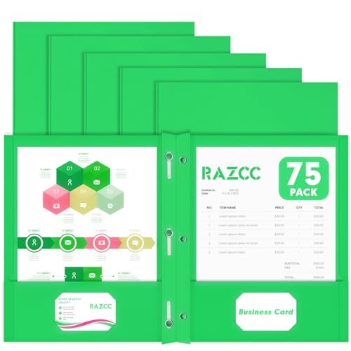 Two Pocket Folders, RAZCC 75 Pack Two Pocket Folders with Prongs, 3 Prong Folders Fit Letter Size Paper, Pocket File Folders for School Office Home Business, Green - color: Green