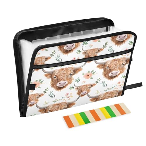 Watercolor Floral Highland Cows Pattern 13 Pocket File Organizer Expanding File Folder with Front Pouch Portable Business File Storage Document Organizer Folder with Zipper - color: Highland Cows Pattern