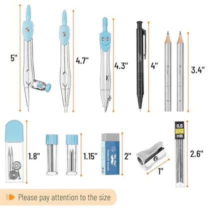 Mr. Pen- Geometry Set, 15 pcs, Light Blue, 6 Inch Swing Arm Protractor | Divider, Set Squares, Ruler, Compasses and Protractor - color: Light Blue