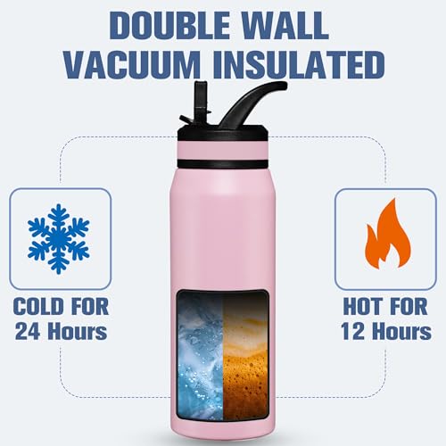 OLDLEY 24 oz Insulated Water Bottle With Straw, Stainless Steel Sports Water Cup Flask with 3 Lids(Straw, Spout and Handle Lid) Double Walled Travel Thermal Canteen Mug,No Silicone Base, Lavender Mist - color: Lavender Mist, size: 24 Ounces