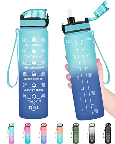 Enerbone Water Bottle, Leakproof BPA & Toxic Free, Motivational Water Bottle with Times to Drink and Straw, Fitness Sports Water Bottle with Strap for Office, Gym, Outdoor Sports - color: Green-Blue, size: 32 Ounces