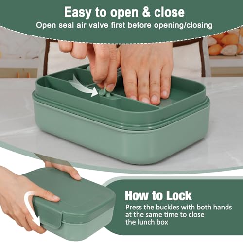 Caperci Stackable Bento Lunch Box for Adult & Teens - Reinforced Leak-Proof Lunch Container 4-Compartment with Utensils & Sauce Container, BPA-Free, Dishwasher/Microwave Safe, 47oz (Khaki Green) - color: Khaki Green