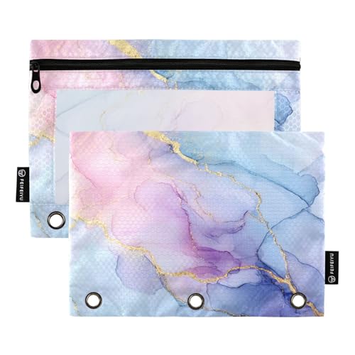 Binder Pouches,Pink Blue Marble Pencil Pouch for 3 Ring Binder 2 Pack Clear Pencil Bag with Zipper for Office School Supplies - color: Multicolored 15