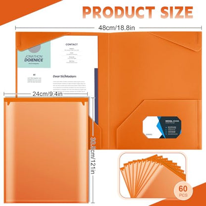 Henoyso 60 Pack Plastic Folders with Clear Front Pockets Bulk Heavy Duty File Folders with 2 Pockets and Card Slot for Student Teacher Back to School Supplies Office Presentation (Orange) - color: Orange