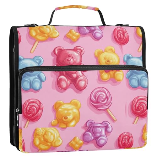 Boccsty Colorful Lollipops Gummy Jelly Candy Bears Zipper Binder 3 Ring Binders Expanding File Folder Multi-Pocket Zipper Binder Organizer for School Shoulder Strap and Handle - color: Multicolored 13