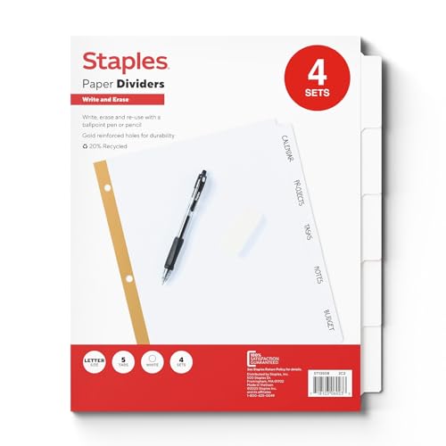 Staples Big Tab Write‑On Paper Dividers, 5‑Tab, White, Writable Customizable Binder Index Dividers, 4‑Pack - size: 5-Tab, style: White