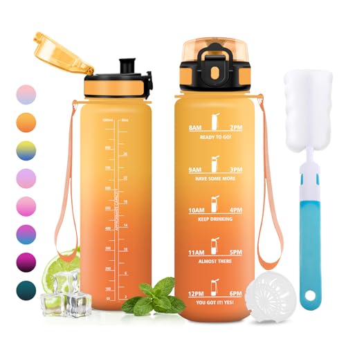 500ml Water Bottle with Time Markers Leak-Proof Filter Bottle BPA-Free for School Students Office Gym - color: 500ml Amber Yellow + Orange, size: 16.9 Ounces