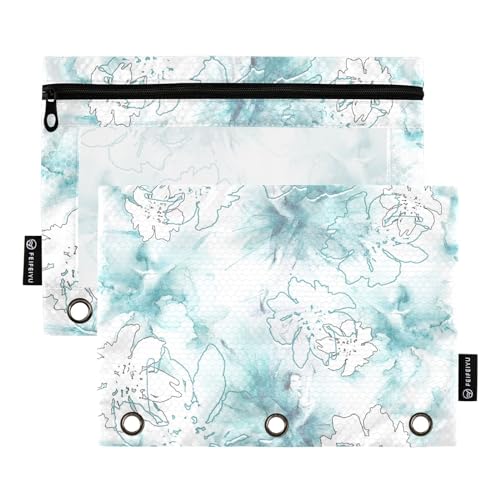 Pencil Pouch for 3 Ring Binder Watercolor Blue Paint Flower 2 Pack Clear Window Pencil Bags with Zipper Pencil Case - color: Multicolored 16