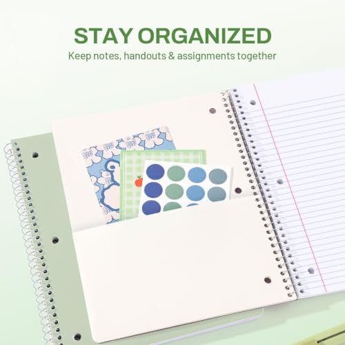 SUNEE Spiral Notebook, 1-Subject, College Ruled Paper, 8" x 10-1/2", 100 Sheets per Notebook, 3-Hole Punched Paper, Water Resistant Cover, Double-sided Pockets, Spiral Lined Notebooks for Work, Green - color: Green