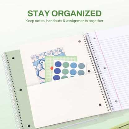 SUNEE Spiral Notebook, 1-Subject, College Ruled Paper, 8" x 10-1/2", 100 Sheets per Notebook, 3-Hole Punched Paper, Water Resistant Cover, Double-sided Pockets, Spiral Lined Notebooks for Work, Green - color: Green