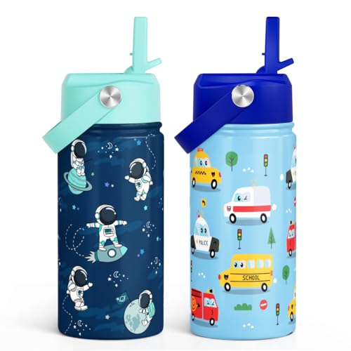 Kid Water Bottle 12oz with Straw Lid - 2-Pack Insulated Stainless Steel Water Bottles for Kids Boys- Travel Cup for Back to School Sports Christmas Birthday (Astronaut & Transportation) - color: Astronaut + Transportation