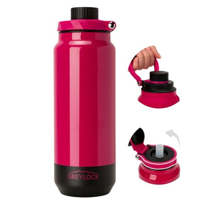 GREYLOCK 32 oz Insulated Water Bottle with Straw Lid, Leakproof Reusable Stainless Steel Vacuum Flask, 24hr Cold & Hot, Carry Handle & Silicone Spout, BPA-Free for Gym, Hiking, Travel, Red - color: Raspberry Ridge, size: 32 Ounces