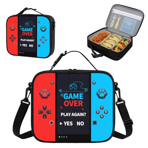 Game Console Insulated Lunch Bag lonchera for Teen Boys Girls Kids, Reusable Large Capacity Gamer Lunch Box with name tag, Adjustable Strap for School Office Picnic, Portable Waterproof Leakproof - color: Black