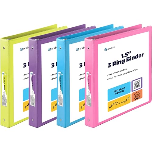 3 Ring Binder 1.5 Inch, 1 ½ inch Binder Clear View Cover with 2 Inside Pockets, Colored School Supplies Office and Home Binders Pink, Blue, Purple, Green (4 Pack) – by Enday - size: 1.5-Inch