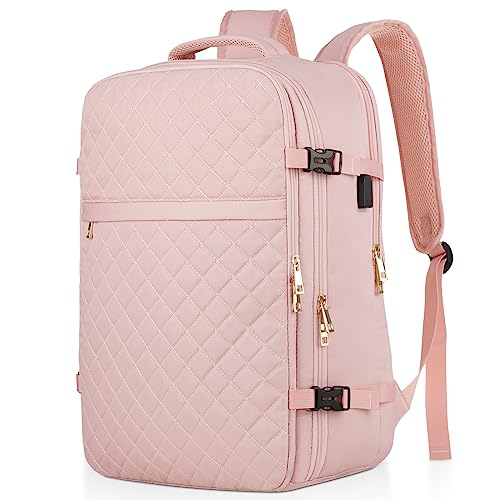 MOMUVO Large Travel Backpack Women, Flight Approved Carry On Backpack, Water Resistant Anti-Theft Large Casual Daypack Fit 17 Inch Laptop with USB Charging Port, Pink - color: Pink, size: 17.3 inch