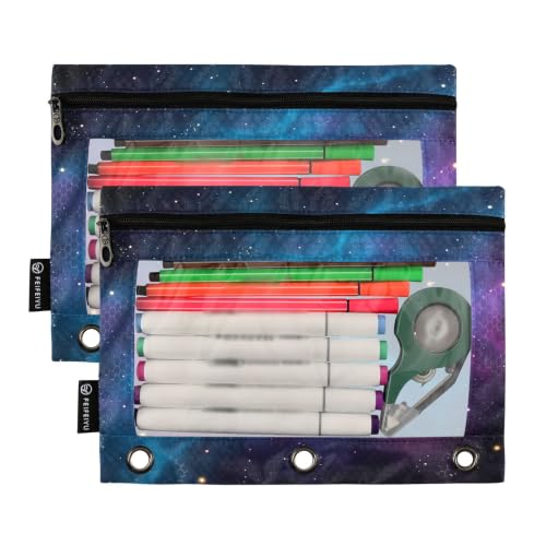 Gredecor 3 Ring Binder Pencil Pouch, Dark Space Nebula Stars Zippered Pen Case Pouches with Clear Window, 2 Pack Stylish Office & School Supplie - color: Dark Space Nebula Stars