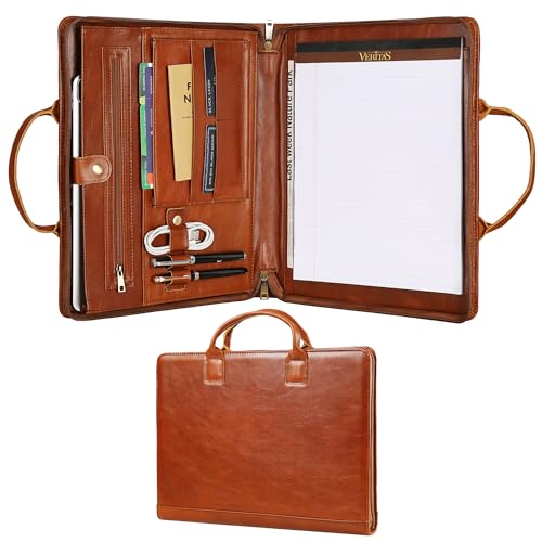 Personalized Leather Padfolio for Men, Business Portfolio with Handle Engraved Padfolio Organizer with A4/Letter Size Notepad Holder, Oil Brown - Custom - color: Brown With Handle, size: Custom