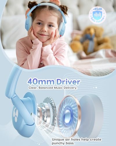awatrue Kids Bluetooth Headphones, 85dB Volume Limiter, Foldable Wireless Over-Ear Headphones for iPad, Travel, 75H Playtime, Bluetooth 5.4, Built-in Mic, Blue - color: Blue