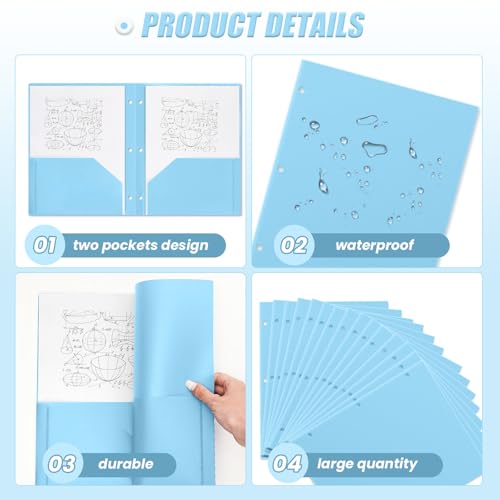 Yeaqee 50 Pcs Plastic Folders with Pockets Bulk 3 Hole Punched 2 Pocket File Folders for 3 Ring Binder Divider Folder for Notebooks, Durable Poly for Office Home (Light Blue) - color: Light Blue