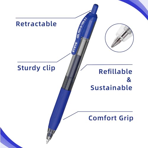 EYEYE G-103 Retractable Gel Blue Pens 0.7mm, 10 Pack Medium Point Ballpoint Pen Quick Drying, Pen Fine Point Smooth Writing Pens for Office School Supplies - color: Blue, size: 0.7mm