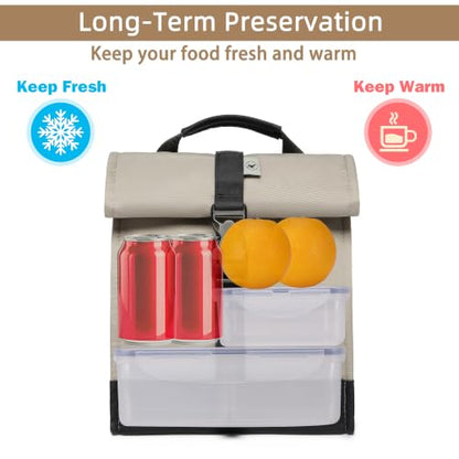 SUNNY BIRD Insulated Lunch Bag Rolltop Lunch Box Tote Bag for Women, Men, Adults and Teens (Grey and black) - color: Grey and black