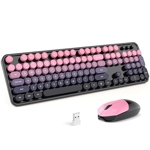 Wireless Keyboards and Mouse Combos, SQMD Colorful Typewriter Keyboard with Round Keycaps, 2.4GHz USB Retro Wireless Keyboard Mouse for PC, Desktop, Laptop and Computer-Plum Pink Gradient - color: Sweet Plum Pink