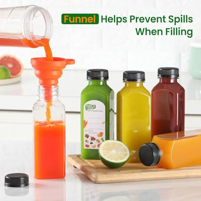 24 PACK, 12 OZ Reusable Thicker Plastic Juice Bottles with Caps, Leakproof | Plus 24 Labels & 2 Funnels, Clear Juicing Bottles for Juice, Smoothies, Ginger, Tea, Coffee -Food Grade & Travel & Freezable - size: 12oz